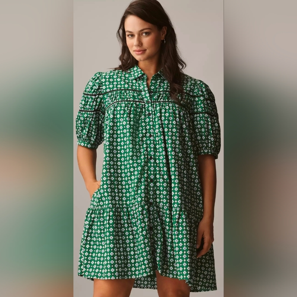 Anthropologie Maeve Leandra Shirred Yoke Mini Dress Green Clubs Spades Motif - Picture 6 of 8